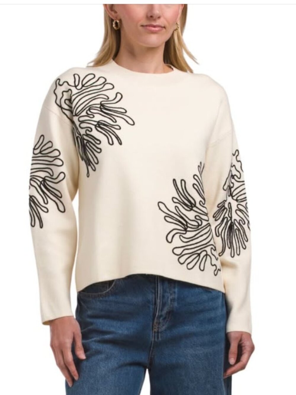 NWT NANCY YANG Abstract Embroidered Floral Cream Cotton Blend Sweater